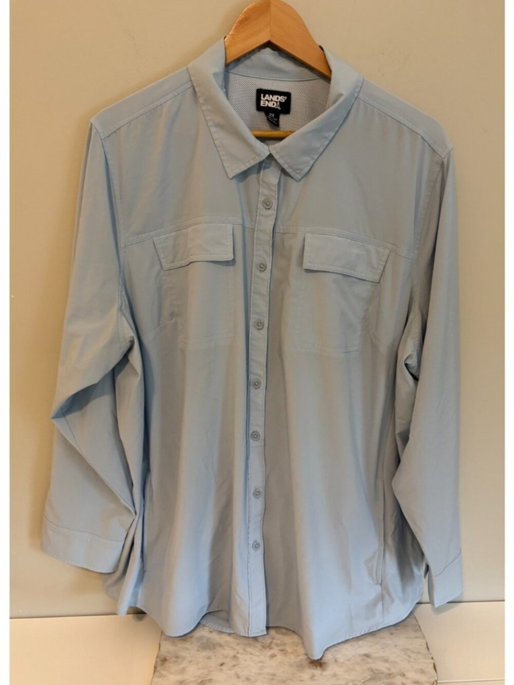Lands’ End Women’s 2X Performance Fishing Shirt Light Blue Stretch Ventilated